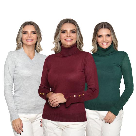 Imagem de Kit 3 Blusas Feminina de Tricot  Manga Longa Tendência Frio 2024