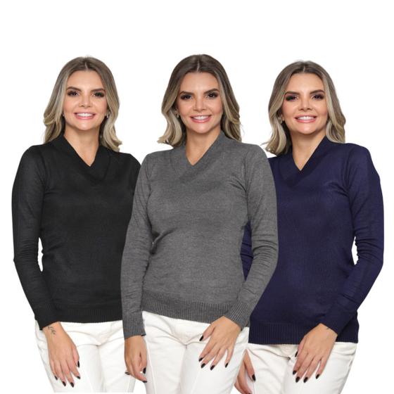 Imagem de Kit 3 Blusas Feminina Gola V Tricô Macio Sueter Manga Longa Inverno Casual 