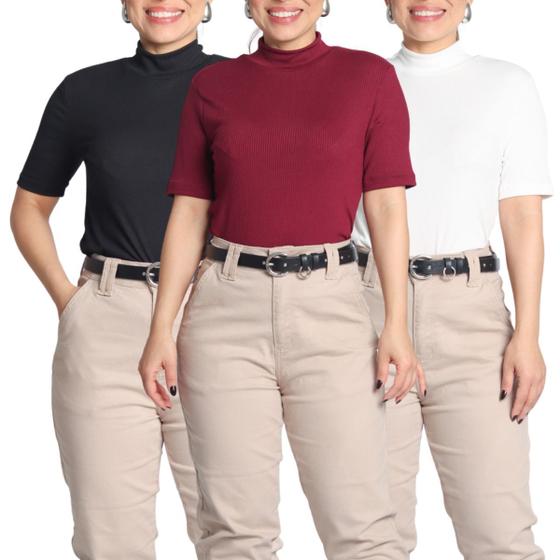 Imagem de Kit 3 Blusas Feminina Manga Curta Gola Alta Canelada