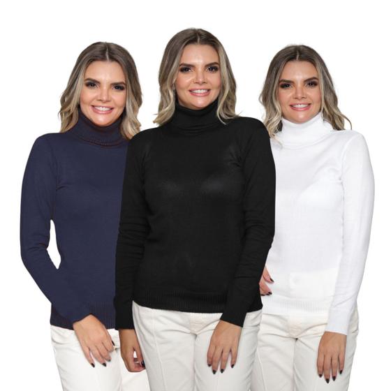 Imagem de Kit 3 Blusas Feminina Tricô Manga Longa Gola Alta Lã Inverno Casual