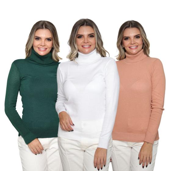 Imagem de Kit 3 Blusas Feminina Tricô Manga Longa Gola Alta Lã Inverno Casual