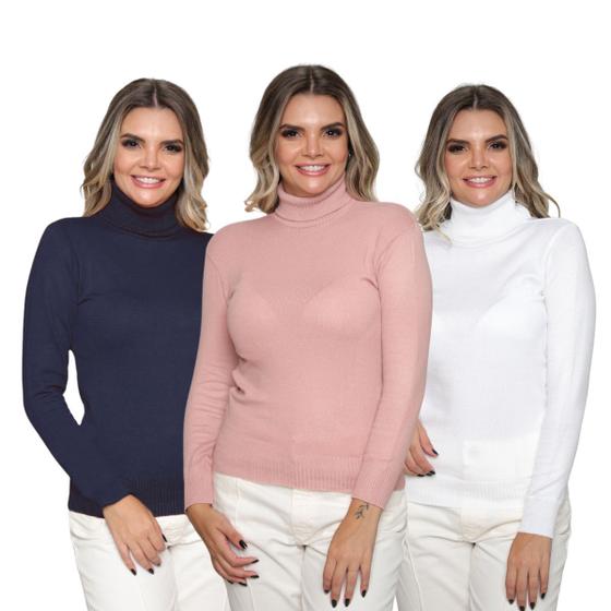 Imagem de Kit 3 Blusas Feminina Tricô Manga Longa Gola Alta Lã Inverno Casual