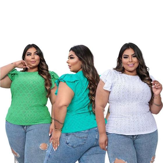 Imagem de Kit 3 blusas laise plus size manga 2 babados moda feminina elegante