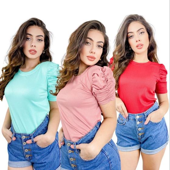 Imagem de Kit 3 blusas manga curta drapeada gola rasa moda feminina