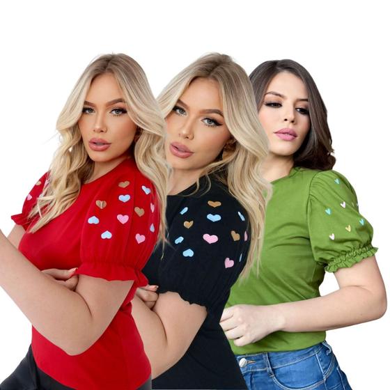 Imagem de KIT 3 Blusas Manga Princesa Bufante Evangélica Elegante Algodão 100% Não Encolhe