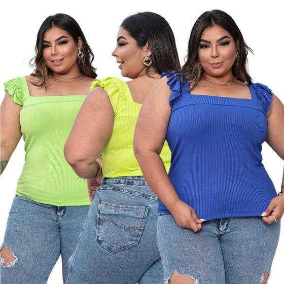 Imagem de Kit 3 blusas plus size canelada alça babado moda feminina casual