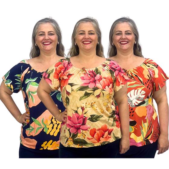 Imagem de Kit 3 Blusas Plus Size Moda Ciganinha Ombro a Ombro Estampadas