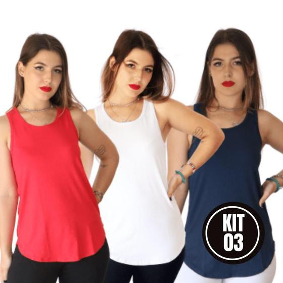 Imagem de Kit 3 Blusas Regatas Feminina Long line Mullet Viscolycra Dia a Dia Academia Atacado Projeto Verão