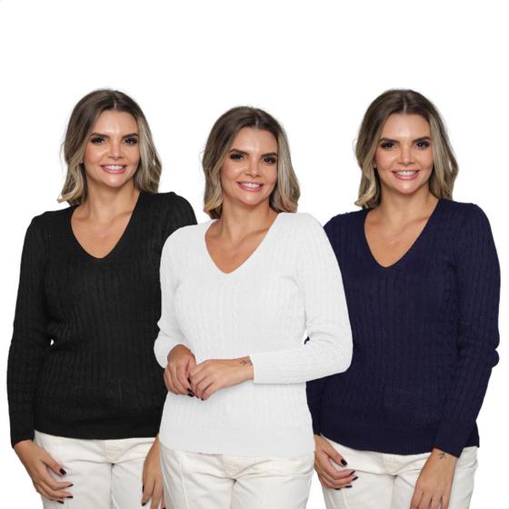 Imagem de Kit 3 Blusas Suéter Feminino Tricot Trançado Gola V Inverno