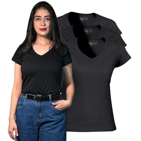 Imagem de Kit 3 Blusinhas Camisetas Feminina Algodão Gola V Manga Curta