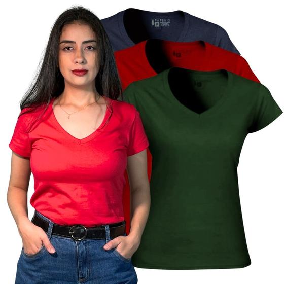 Imagem de Kit 3 Blusinhas Camisetas Feminina Algodão Gola V Manga Curta