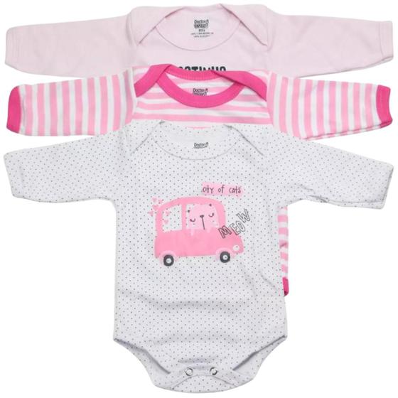 Imagem de Kit 3 body bebê manga longa 100% algodão feminino doctor baby 01-041