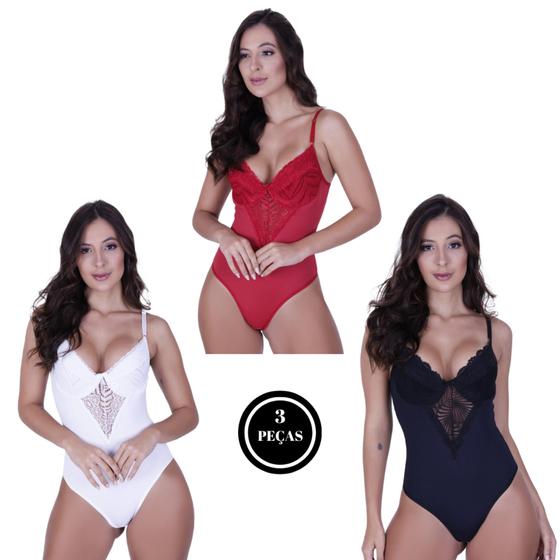 Imagem de Kit 3 Body de Renda sem Bojo com Arco - c1 KIT 3 BODY JULIETE VERMELHO PRETO BRANCO