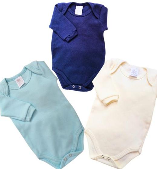 Imagem de Kit 3 Body lisos Manga Longa para Bebê meninos - Azul Marinho, Azul e Creme -  Bicho Molhado