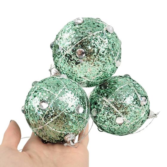 Imagem de Kit 3 Bola De Natal Verde E Prata 8Cm Para Árvore