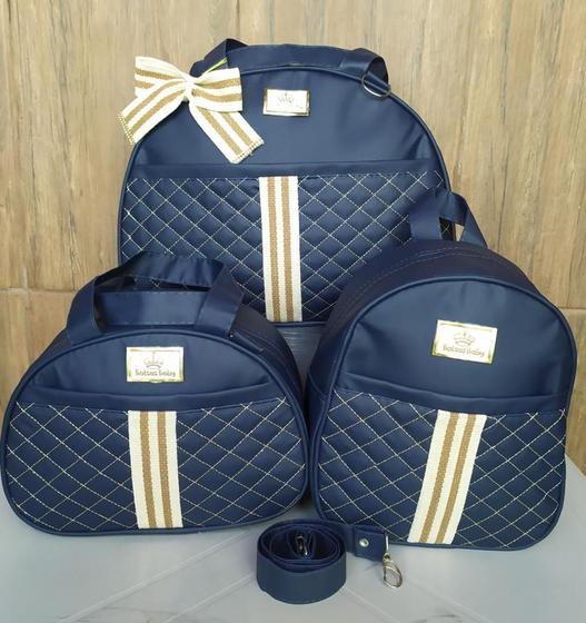 Imagem de kit 3 Bolsas Saída Mala Maternidade Luxo Menino Azul Marinho