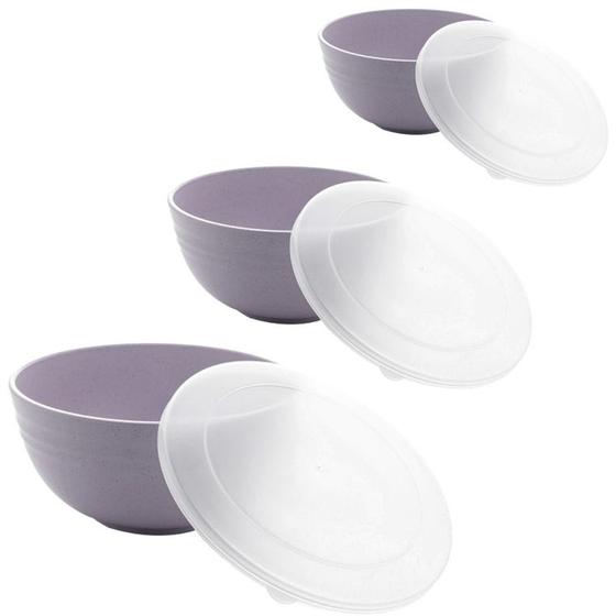 Imagem de Kit 3 Bowls Pote Tigela Cumbuca Bambu Ecológico Com Tampa Reforçado