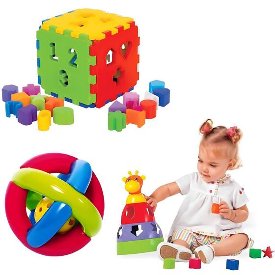 Imagem de Kit 3 Brinquedo Cubo Educativo Didático Encaixe Empilhe Para Bebê Montar 1a 3 Anos 12 Meses