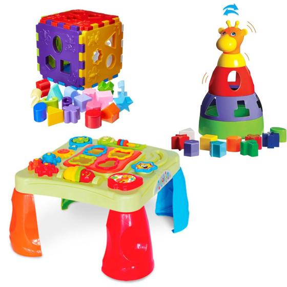 Imagem de Kit 3 Brinquedo Didático Mesa Criativa + Cubo + Girafa Baby