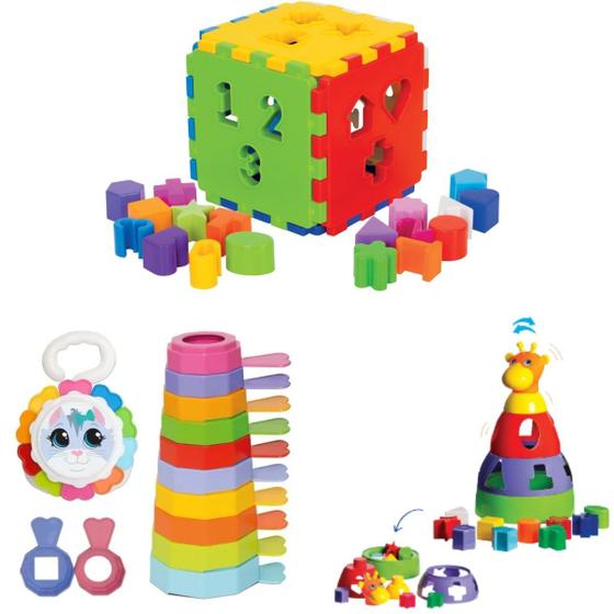 Imagem de Kit 3 Brinquedo Educativo Encaixar Empilhar Bebe 1ano Presente Menino Menina Criança Didatico Cubo