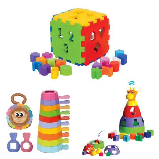 Imagem de Kit 3 Brinquedo Educativo Encaixar Empilhar Bebe 1ano Presente Menino Menina Criança Didatico Cubo