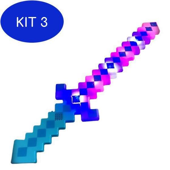 Kit 3 Brinquedo Espada Pixel Minecraft 58Cm Diamante Som E Luz À ...