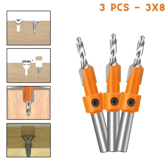 Imagem de Kit 3 Broca Escareadora Rebaixo De Parafuso Em Madeira Com Limitador 3x8