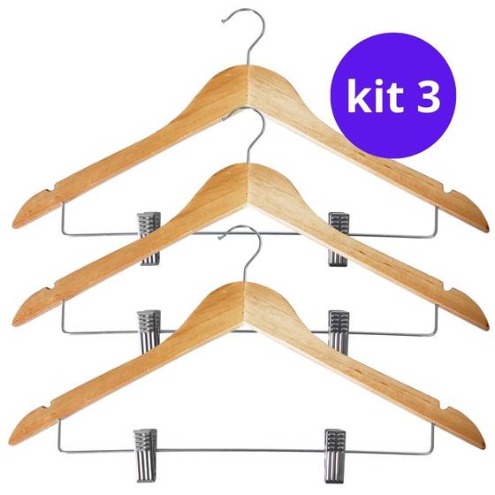 Imagem de kit 3 cabide de madeira com presilha prendedor para calça saia roupa blusa bermuda shorts loja multifuncional multiuso adulto organizador home closet