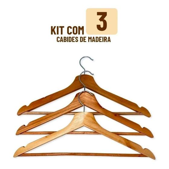 Imagem de Kit 3 Cabides Madeira Marfim Verniz Adulto Barra Blusa Calça