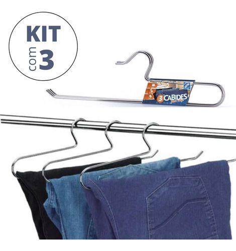 Imagem de Kit 3 Cabides Para Calça Shorts Saia Aço Inox Cabideiro Calceiro