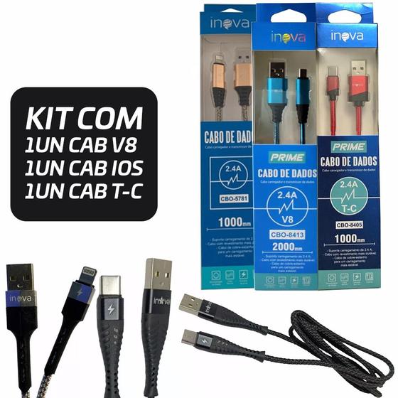 Imagem de Kit 3 Cabos de Dados Inova 1M 1v8 1t-c 1 Compativel Com Lhigtning/Iphone  Atacado Para Revenda