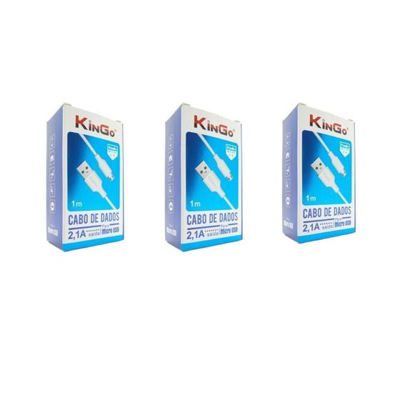 Imagem de Kit 3 Cabos USB V8 Branco Kingo 1m 2.1A para Galaxy J2 Core