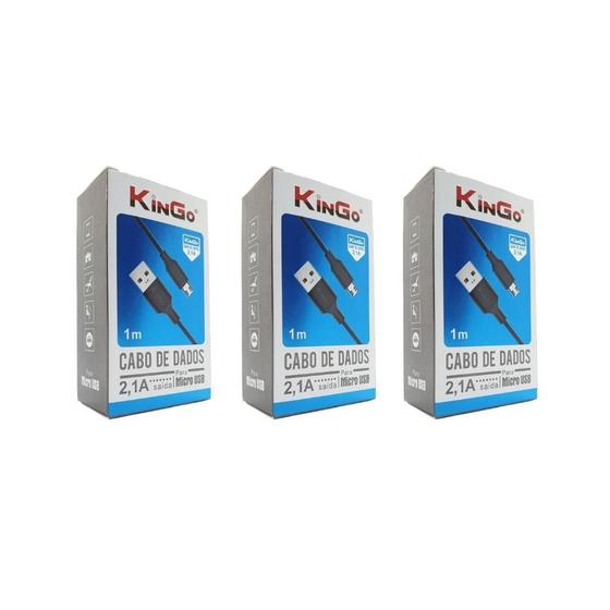 Imagem de Kit 3 Cabos USB V8 Kingo Preto 1m 2.1A para Galaxy J4 Plus