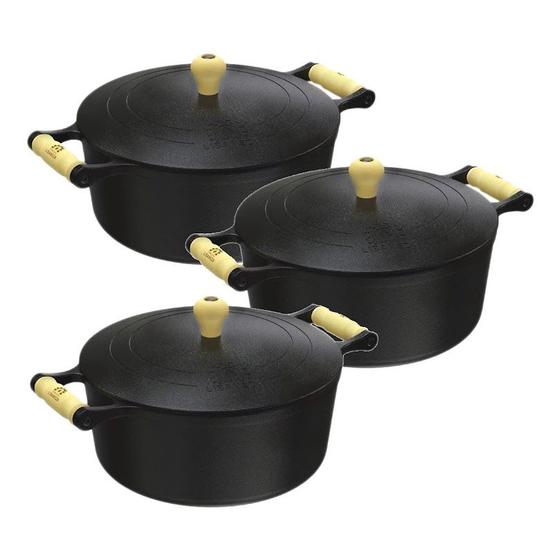 Kit 3 Caçarolas Alça Madeira Tradição Ferro Fundido Libaneza