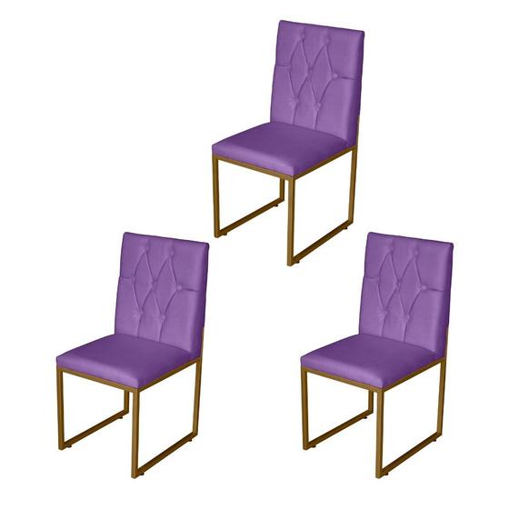 Imagem de Kit 3 Cadeira de Jantar Escritorio Industrial Malta Capitonê Ferro Dourado Suede Roxo - Móveis Mafer