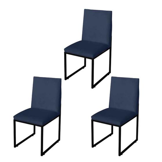 Imagem de Kit 3 Cadeira Para Sala de Jantar Trendy Base Metálica Preto Tecido Sintético Azul Marinho - Móveis Mafer