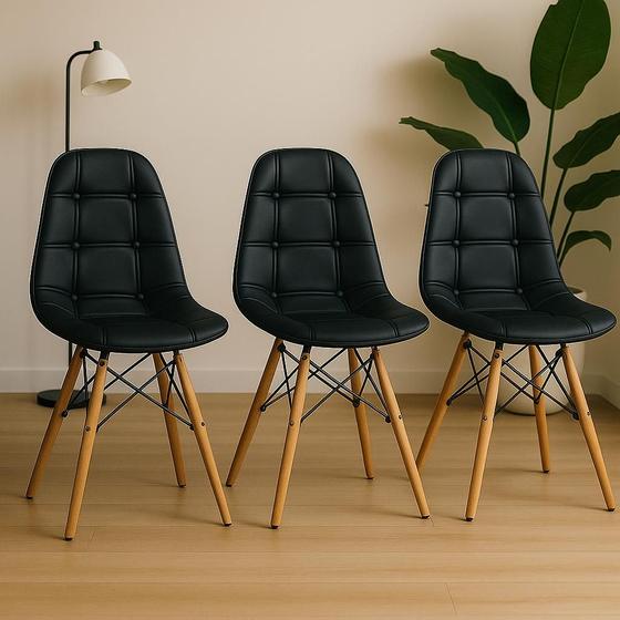 Imagem de Kit 3 Cadeiras Charles Eames Eiffel Botone Base Madeira Preta