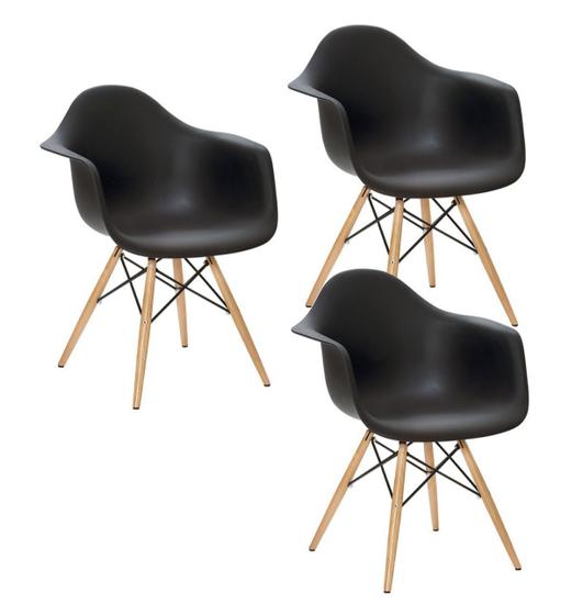 Imagem de Kit 3 Cadeiras Charles Eames Eiffel Design Wood Com Braços - Preta
