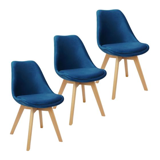 Imagem de Kit 3 Cadeiras Charles Eames Leda Veludo Luisa Saarinen Estofada Base Madeira - Azul