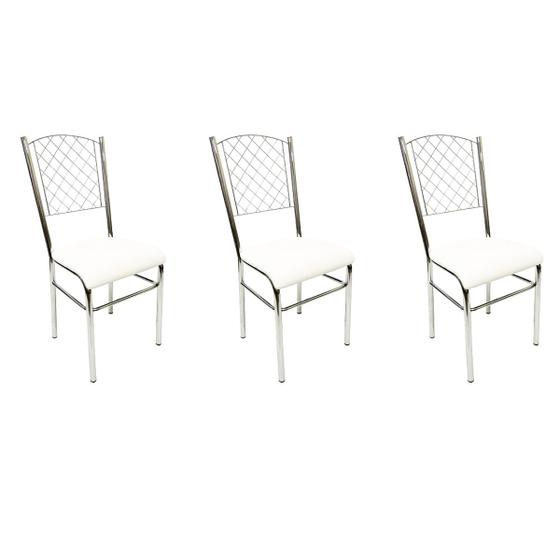 Imagem de Kit 3 Cadeiras de Cozinha com reforço cromada encosto grade assento branco - Poltronas do Sul