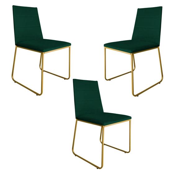 Imagem de Kit 3 Cadeiras de Jantar Estofada Lille Base Gold Veludo Verde - Montanaris Decor