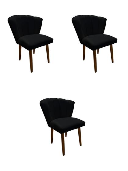 Imagem de Kit 3 Cadeiras de Jantar Estofada Pétala Tecido Veludo Preto Pés Palito Kimi Design