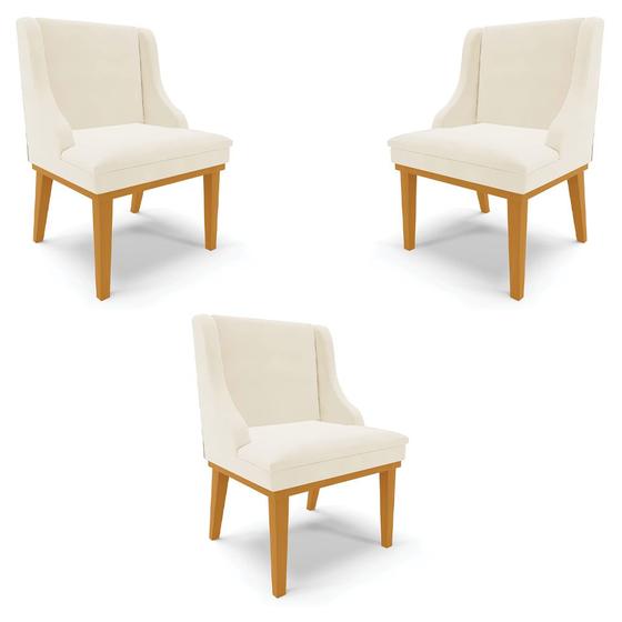 Imagem de Kit 3 Cadeiras Decorativas Sala de Jantar Base Fixa de Madeira Firenze Veludo Bege/Castanho G19 - Gran Belo
