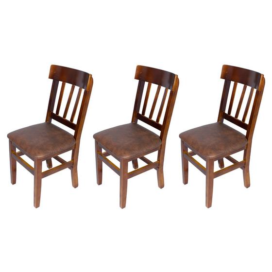 Imagem de Kit 3 Cadeiras Fixas Mineira Imbuia em Madeira Maciça Estofadas Marrom para Restaurantes
