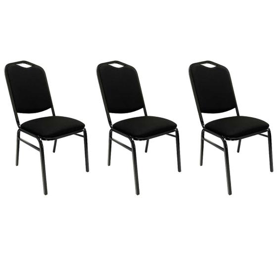 Imagem de Kit 3 Cadeiras para Hotel Auditório Igreja Restaurante Eventos com Reforço Empilhável cor Preta
