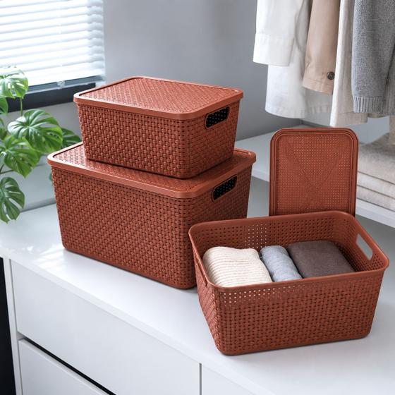 Kit 3 Caixa Organizadora Cesto com tampa grande Caixas Rattan 7L - 15L - Leevlar