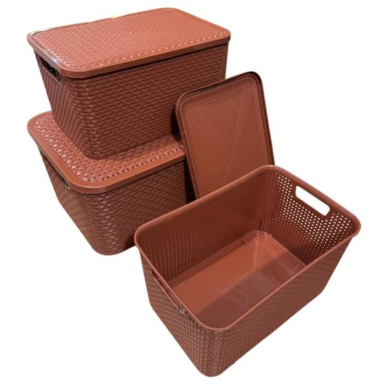 Kit 3 Caixa Organizadora Cesto com tampa grande Caixas Rattan 7L - 15L - Leevlar