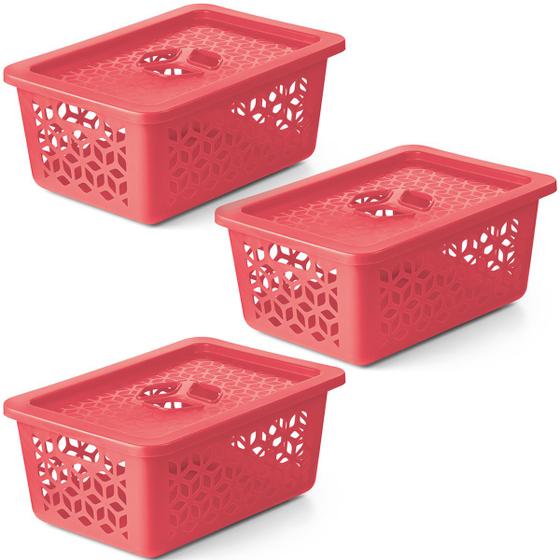 Kit 3 Caixas Cesto Organizador M com Tampa Empilhável 31x22cm Menor preço em Kit 3 Caixas Cesto Organizador M com Tampa Empilhável 31x22cm
