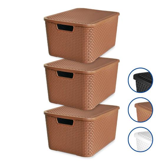 Imagem de Kit 3 Caixas Cesto Rattan Organizadora c/ Tampa 15L 34x26