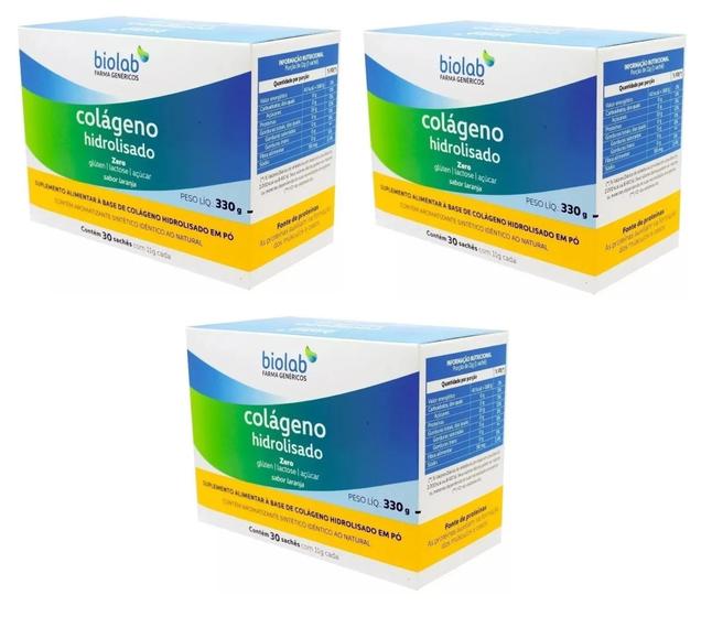 Kit 3 caixas Colágeno Hidrolisado Biolab 30 Sachês (sabor Laranja) Menor preço em Kit 3 caixas Colágeno Hidrolisado Biolab 30 Sachês (sabor Laranja)